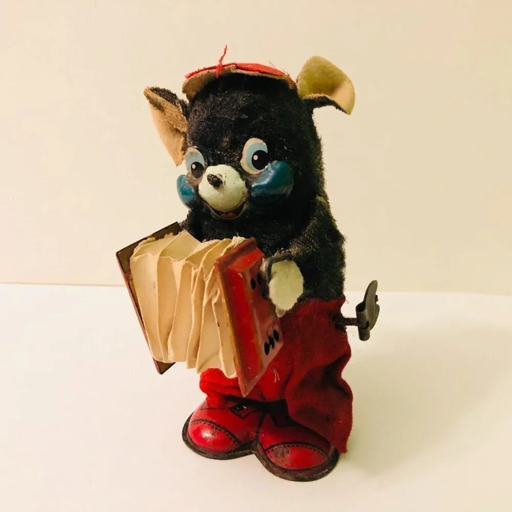 Vintage  1950s Tin Toy Key Wind Up Bear Playing Accordion 6 Inch Tall Works